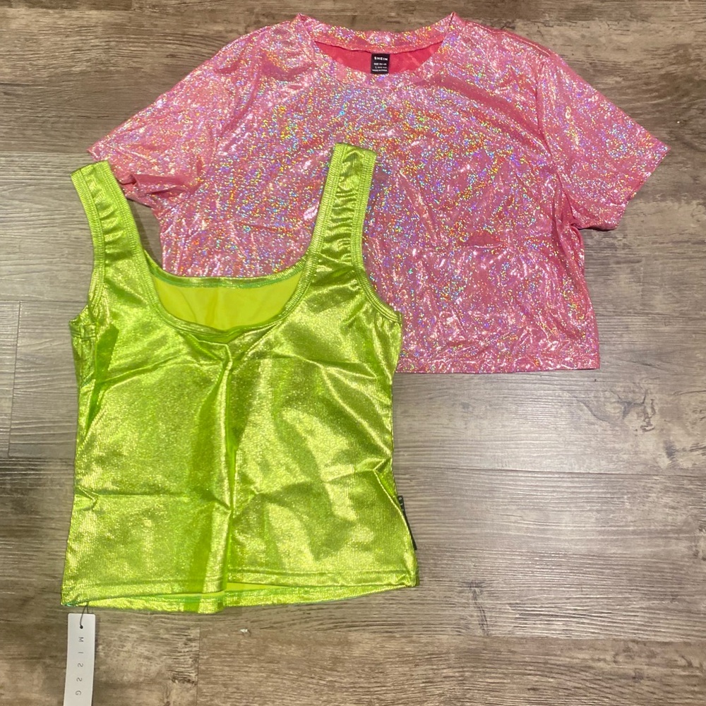 SHEIN Sparkling Pink and Bright Green Crop Tops